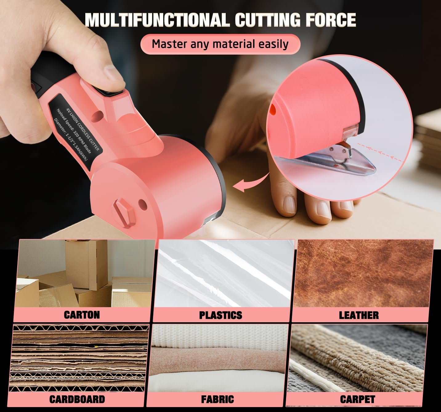 Cordless Electric Scissors: 4V Rechargeable Cardboard Cutter, 3 Blades, Safety Lock & LED Light, Box Cutter for Carton Carpet Plastic Fabric Leather (Pink)