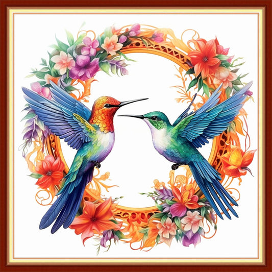 Foxhool Beginners Cross Stitch Kits Stamped Full Range of Embroidery Kits for Adults DIY Cross Stitches kit Embroidery Patterns for Needlepoint kit-Hummingbird Wreath 18x18 inch