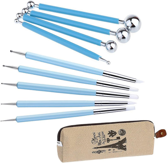 Ecjiuyi 9PCS Sculpting Tools,4PCS Double-Ended Metal Ceramic Clay Ball Stylus Dotting Tools and 5PCS 2 Way Silicone Polymer and Embossing Paper Flower Indentation Tool Set