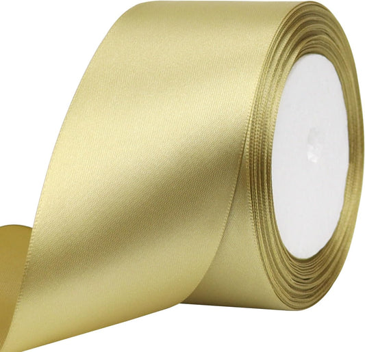 Champagne Gold Solid Satin Ribbon 2 Inch 25 Yards Solid Polyester Fabric Ribbon for Gift Wrapping Wedding Christmas Baby Shower Birthday Party Decoration Handmade Immortal Flower Craft