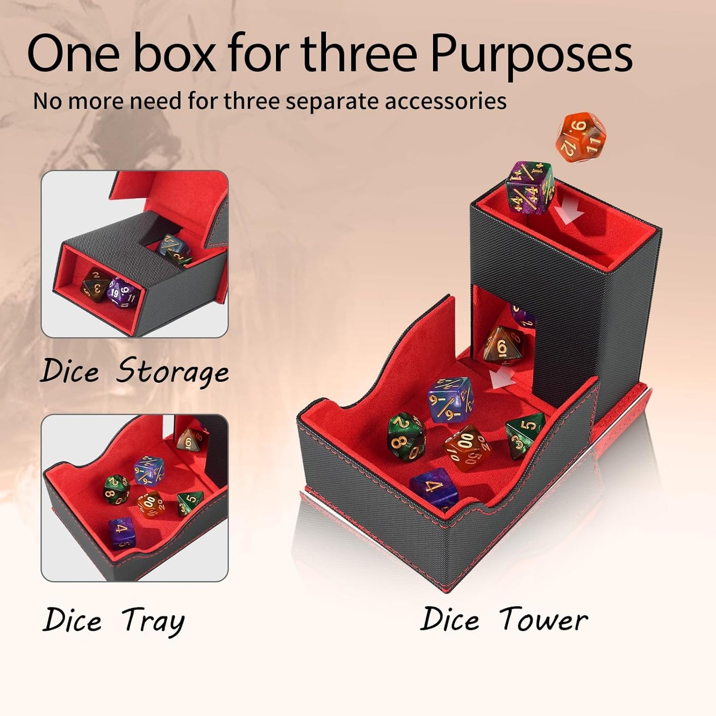 Dice Tower and Tray, Portable Commander Deck Box, Foldable Dice Storage Box for Dungeons and Dragons Rolling Tray Black/Red