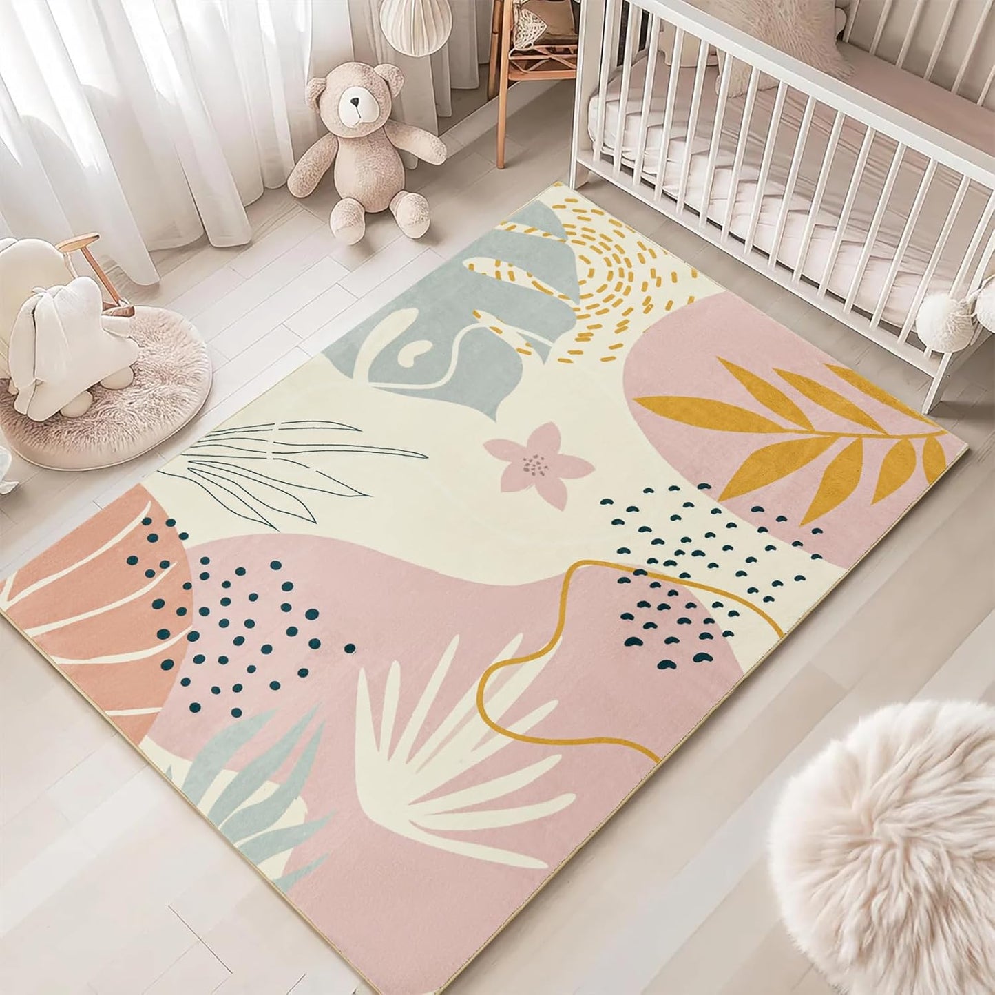 RoomTalks Cute Pink Nuresry Rug Washable, Boho Modern Contemporary Aesthetic 5x7 Area Rugs for Bedroom Dining Living Room Dorm, Abstract Art Tropical Leaves Thin Indoor Entryway Rug Carpet