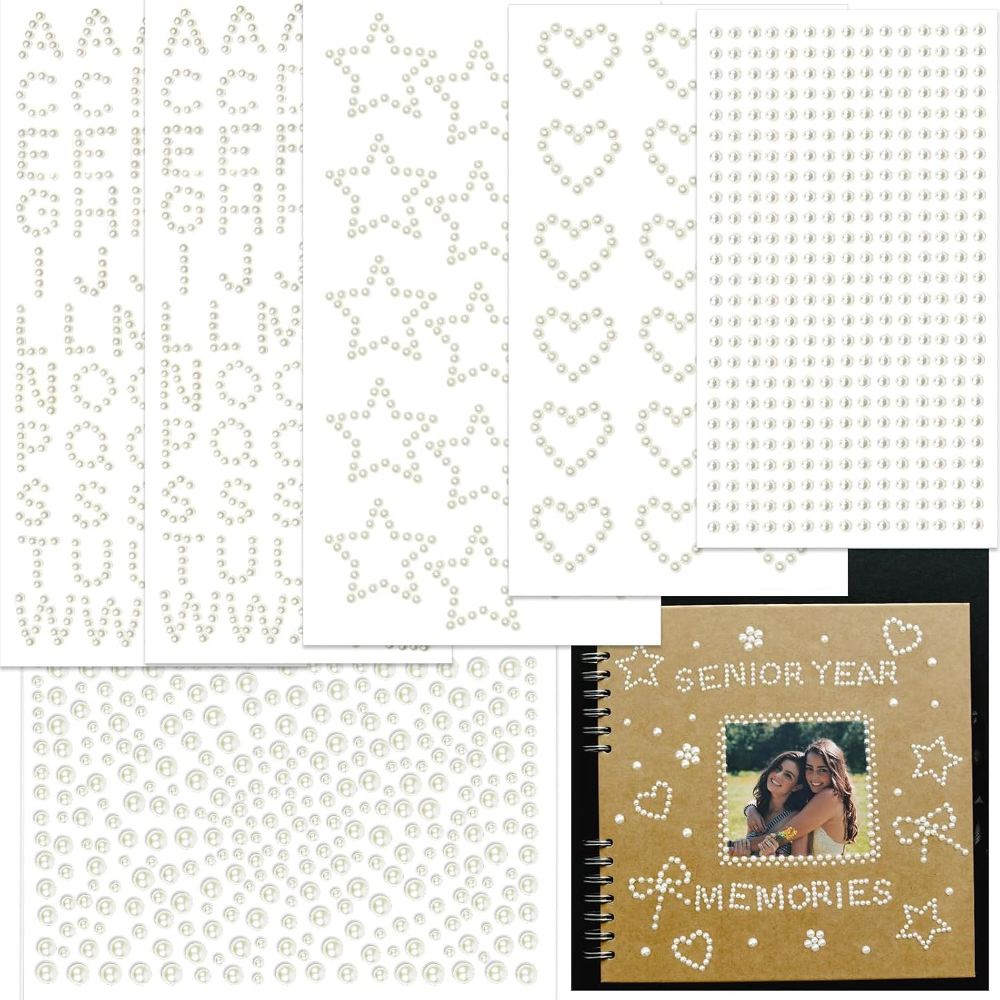 493Pcs Crafting Pearls Stickers, Stick On Pearl Heart Star Stickers Small Letter Alphabet Stickers, Self Adhesive Pearls for Graduation Cap Decoration, DIY Crafts, Scrapbook, Face Hair Makeup