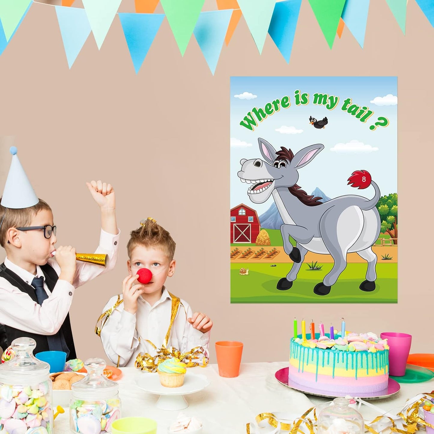 ASTARON Pin The Tail on The Donkey Game with 30 Tail Stickers for Birthday Party Carnival Circus Supplies