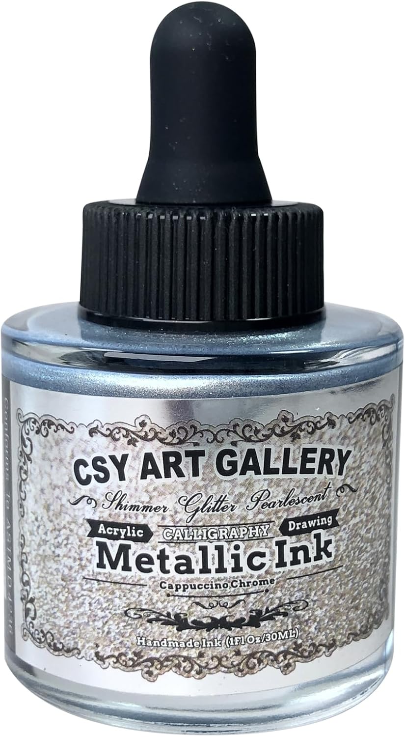 CSY Art Gallery Silver Chrome Metallic Acrylic Inks-Paint for Crafts-Liquid Leaf Silver Paints Calligraphy Ink (Cappuccino Chrome)