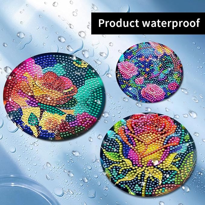 8 Pcs Diamond Art Painting Coasters with Holder, DIY Oil Peony Rose Flower Diamond Art Coasters for Drinks Diamond Art Painting Kits for Beginners, Diamond Craft Supplies for Adults Coaster Gift