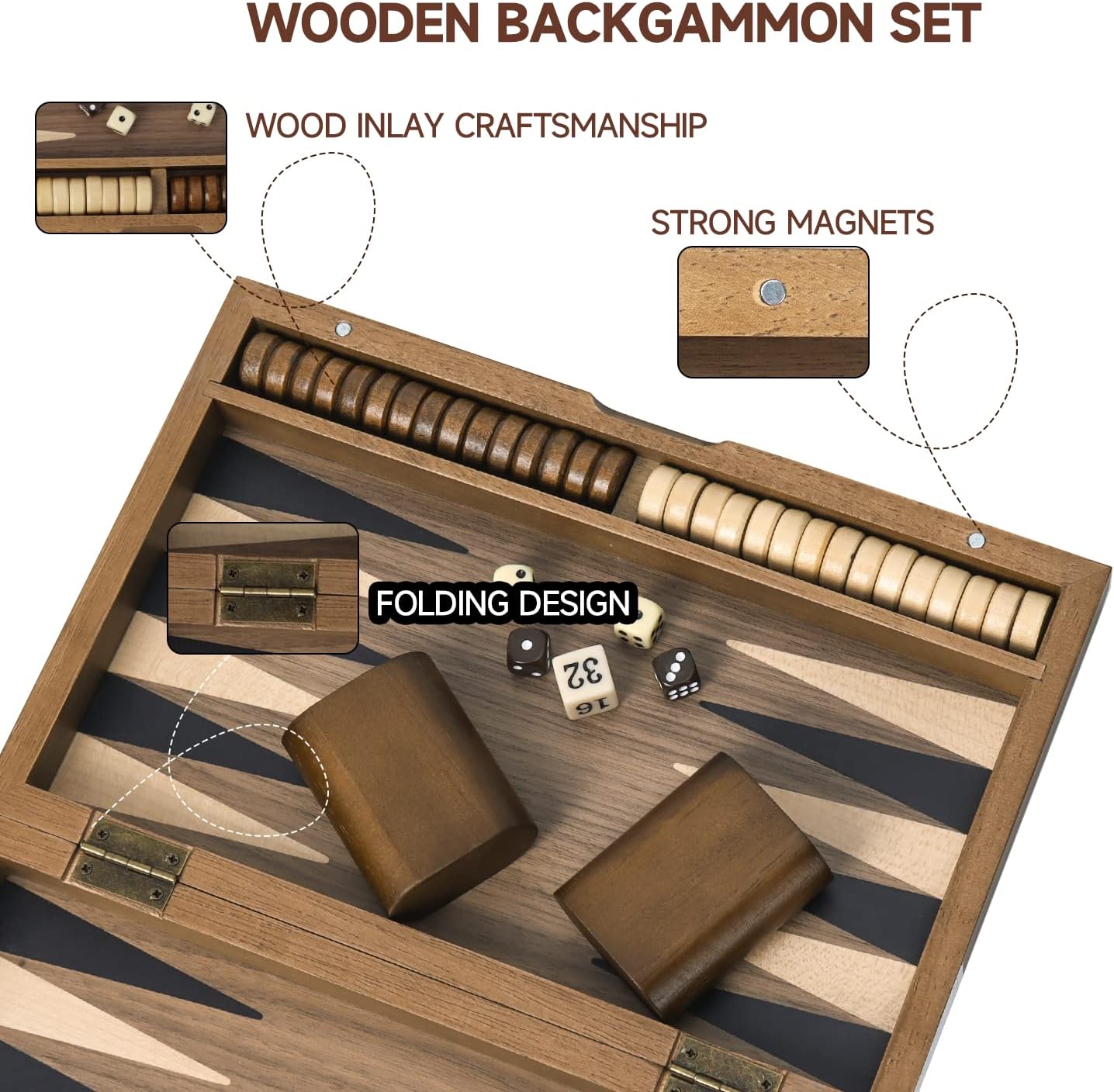 GSE Games & Sports Expert Premium Magnetic Wooden Folding Inlay Backgammon Board Game Set, Portable Travel Board Game (Double Stripe- 11 Inches)