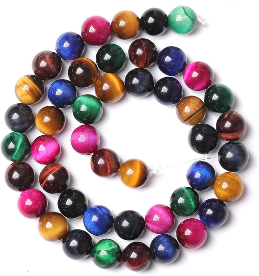72pcs 10mm AAA Natural Colorful Tiger Eye Stone Beads Gemstone Round Spacer Loose Beads for Jewelry Making DIY Bracelet Necklace 32" 2 Strands