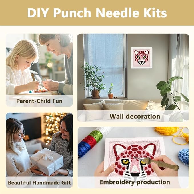 Doodlream Pink Leopard DIY Punch Needle Embroidery Kit for Adult Beginner, 9.4" Pink Leopard Punch Stitching Craft Set for Starter with Frame, Fabric Pattern, Threader, Yarn, Pinch Needle