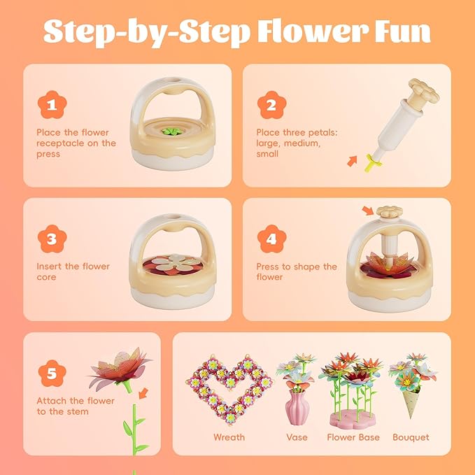 Fabric Flower Bouquet Craft Kit, DIY Arts & Crafts Toy for Kids, Creative Flower-Making Activity Set, Educational Preschool Toy, Perfect Birthday & Christmas Gift for Girls Ages 4 5 6 7 8+ (yellow)