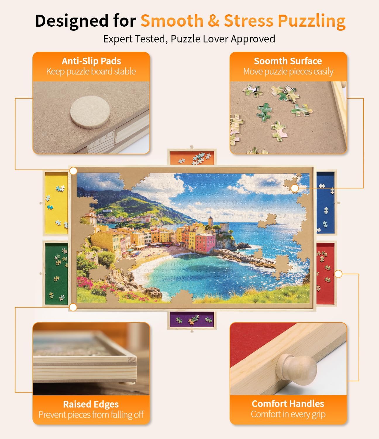 1000 Piece Rotating Puzzle Board Pro, 29" x 21" with 6 Drawers, Rubber Cover Mat, 360° Lasy Susan, Sort-Wise Colorful Felt Drawers & 4 Trays, Wooden Jigsaw Puzzle Table, Birthday Gifts for Mom