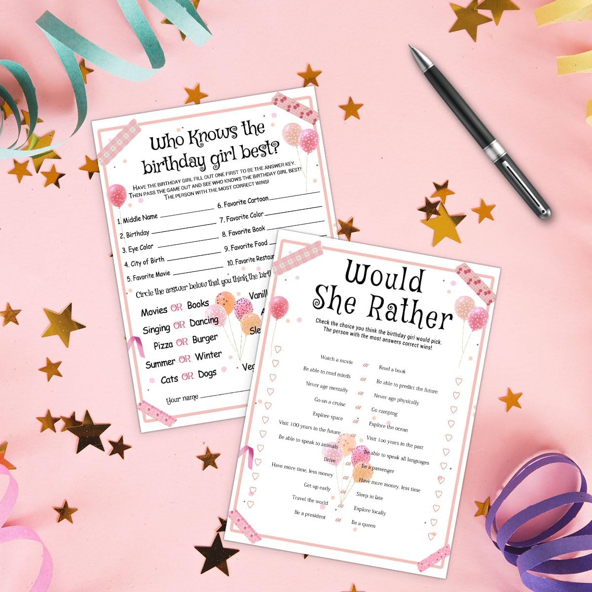 ALodr 20 Pcs Who Knows the Birthday Girl Best, Would She Rather Games for Girl Birthday Party, Funny Birthday Party Games, Double Sided, 5x7 Inches