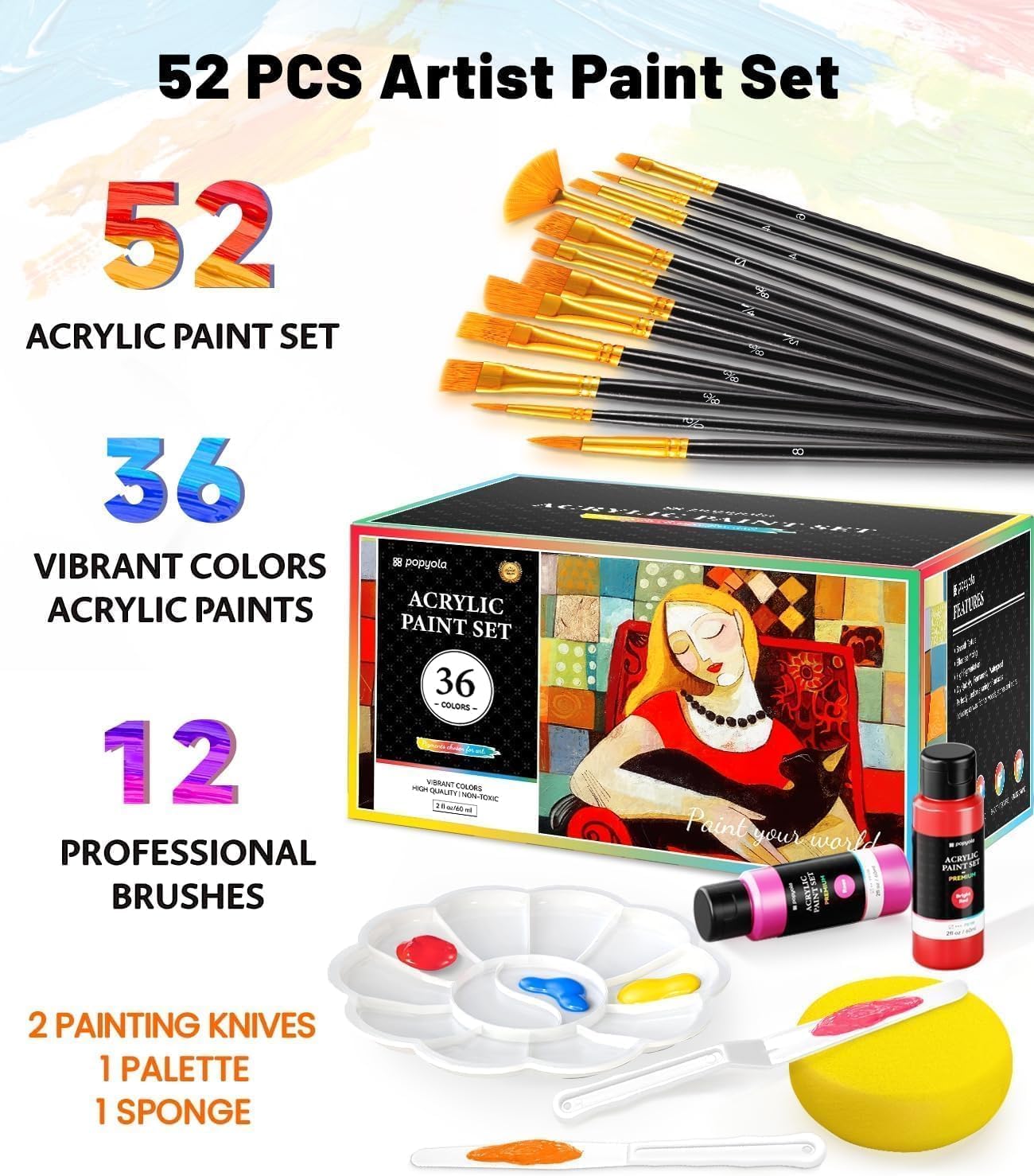 52 PCS Acrylic Paint Set with 12 Brushes, 2 Knives & Palette, 36 Colors (2oz/60ml) Art Craft Paint for Adults Kids Artists Beginners, Halloween Pumpkin Canvas Ceramic Rock Painting Kit