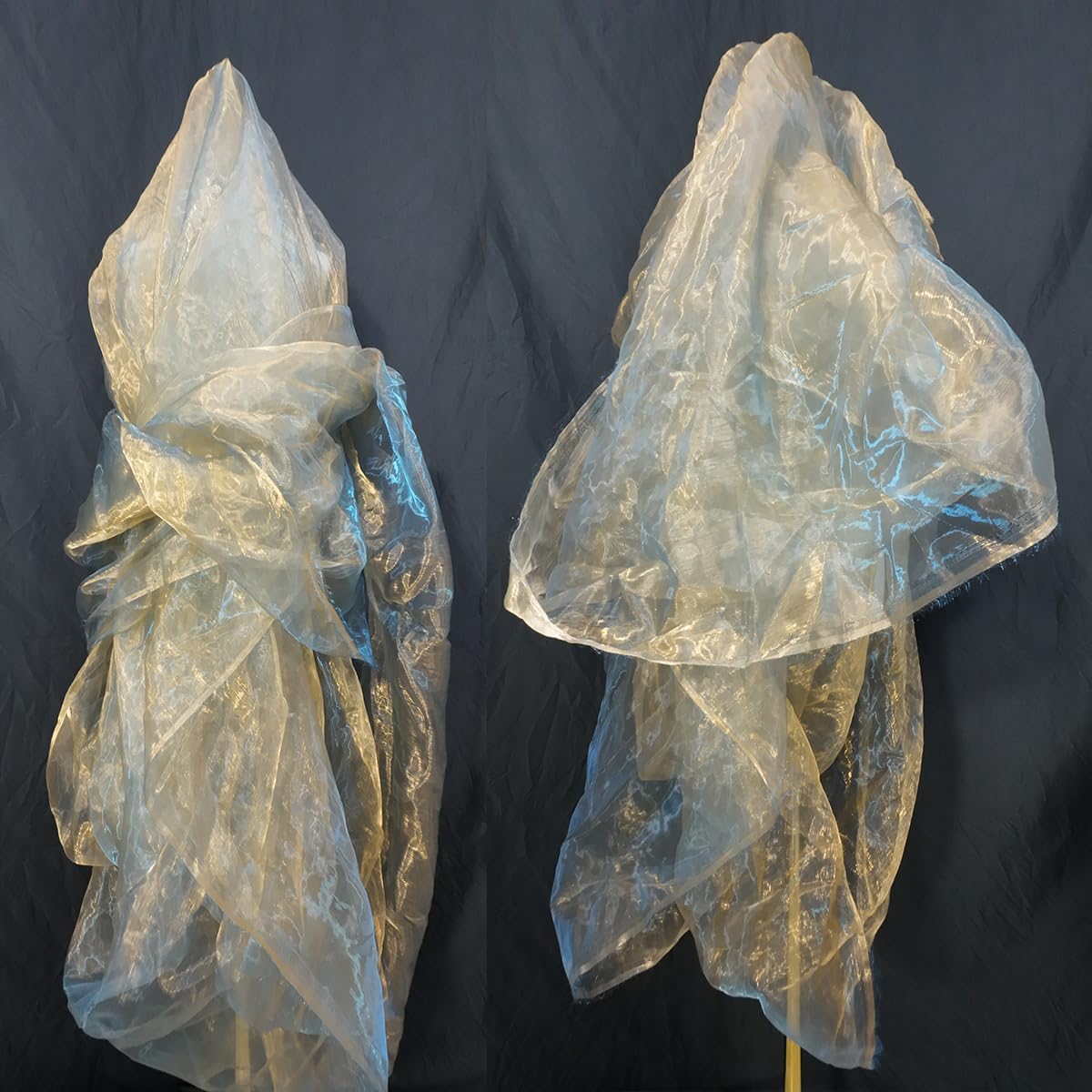 Two-Tone Iridescent Holographic Organza Fabric - 5.5 Yards by The Yard | Lightweight Sheer Tulle | for Wedding Dresses, Party Decor, DIY Crafts, Shiny Backdrops(Orange-Gold & Blue Sheen)