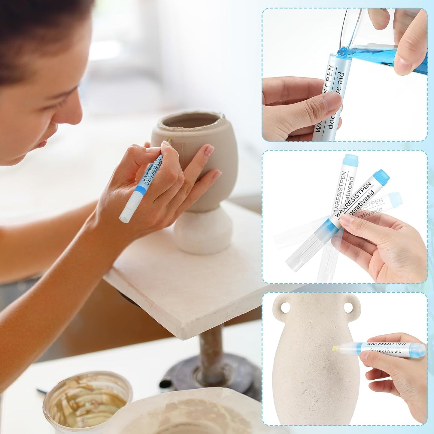 Marspark 2 Set Wax Resist Pens for Pottery Glaze Refillable Ceramic Pens for Decorating Under Pottery Bisque Not Contain Wax