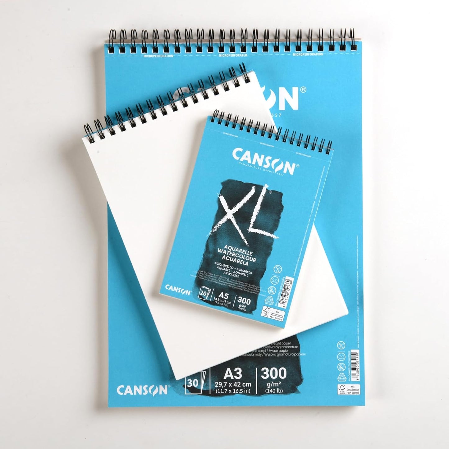 CANSON XL Watercolour 300gsm A5 Paper, Cold Pressed, Spiral Pad Short Side, 30 White Sheets, Ideal for Professional Artists