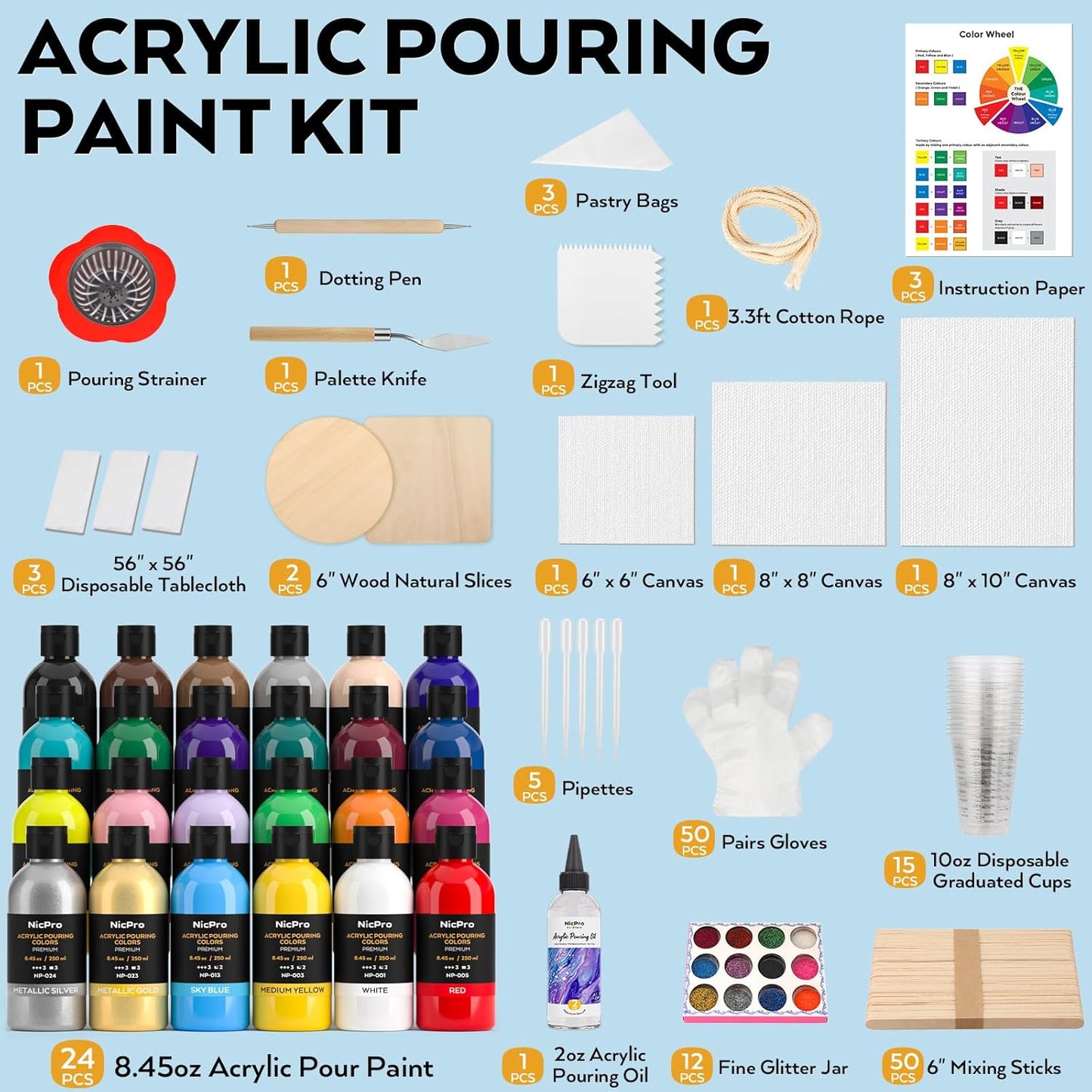 Nicpro 24 Colors 8.45oz Acrylic Pour Paint Supplies Kit, Large Volume Premixed High Flow Painting Bulk Set with Canvas, Wood Natural Slices, Pouring Oil, Tools Gloves, Strainer, Cups for Beginner DIY