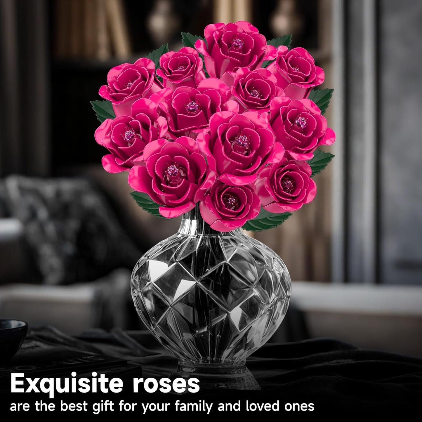 12 Everlasting Roses Bouquet Building Set, Gothic-Style Botanical Diary Series, Includes Heart-Shaped Gift Box Base, The Best Gifts for Your Wife and Family on Birthdays and Holidays (516 PCS)