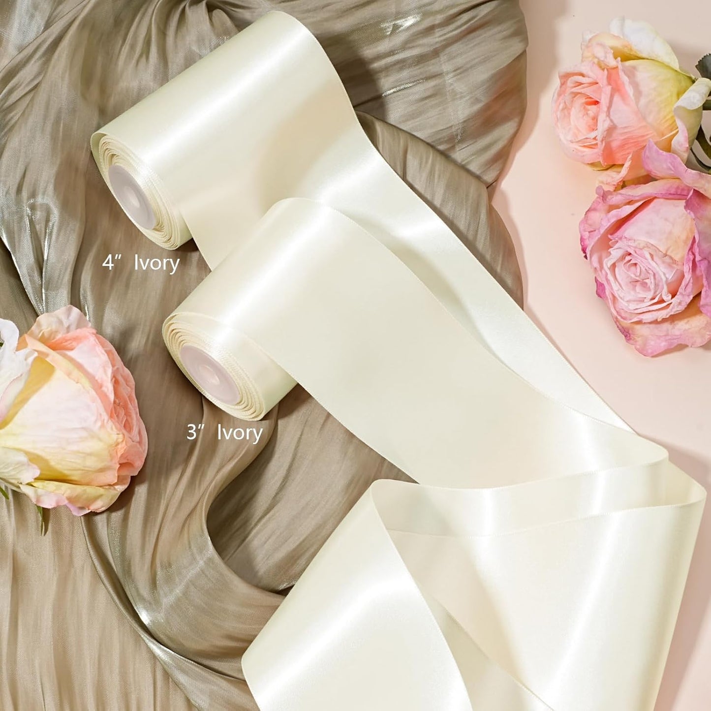 LaRibbons Ivory Satin Ribbon 3 Inch 10 Yards Double Faced Luxury White Cream Silk Ribbon for Gift Wrapping Flower Bouquets Bow Christmas Wedding Party Decoration