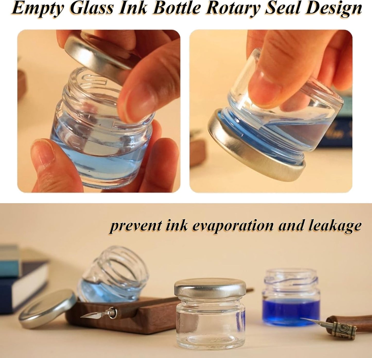 10Pcs Mini Glass Inkwell Ink Bottle Containers with Screw Lids for Calligraphy Oblique Nib Holder Stand Empty Dip Pen Ink Well Jars Desktop Decoration School Gifts(25ml)