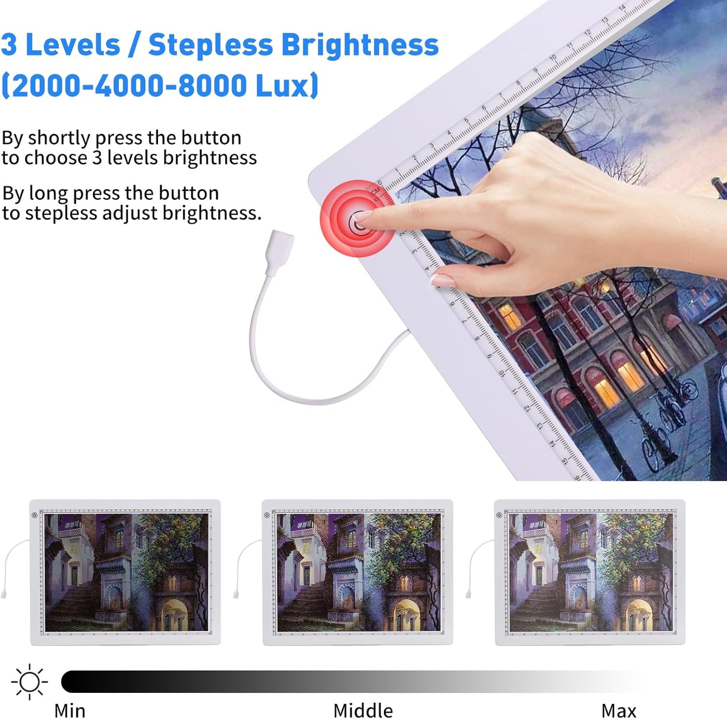 A4 Light Pad with Foldable Stand, UL Certified Adapter, 8000 Lux Super Bright Ultra Thin Pad for Cricut Weeding Vinyl, Artist Drawing Light Box/Board/Table for Tracing, Sketching - White