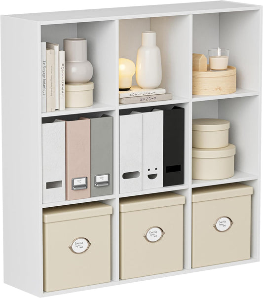 Wooden Storage Organizer with Closed Back Panel, 11in Cube Shelf Opening, Bookshelf, Display Shelf,Closet Cabinet for Home and Office (Embossed White, 9-Cube 35.98L*9.45W*35.91H)