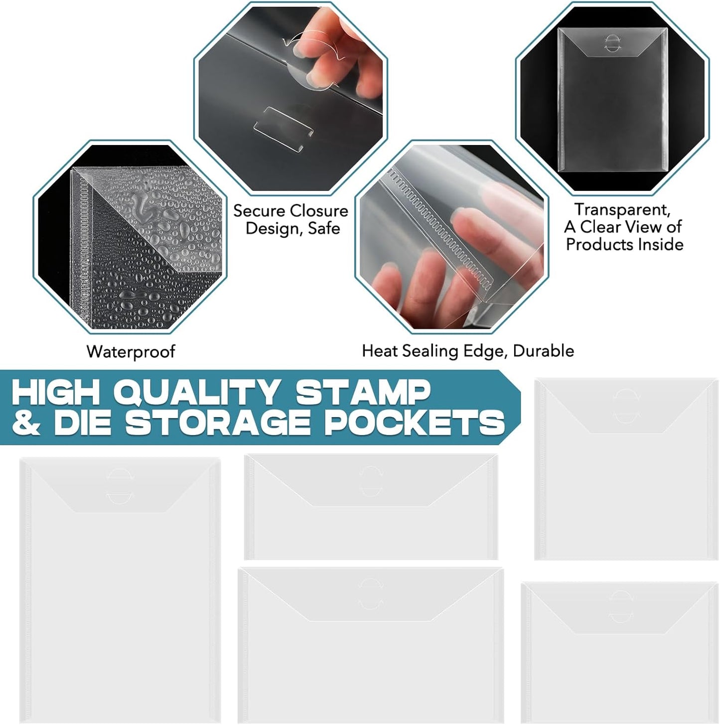BAOFALI 100 Pcs/Set 5 Sizes Clear Stamp and Die Storage Pockets, Stamp Storage Bags, Plastic Envelopes, Scrapbooking Storage Die Cuts for Stencil Storage Card Making Cutting Dies