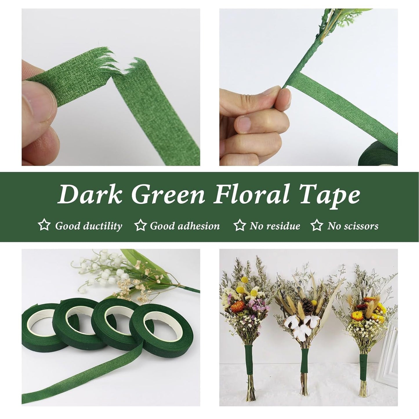 BOMEI PACK Dark Green Floral Tape 18 Rolls 1/2 inch x 30yds for Fixing, Decorating Flower Bouquets, and Bouquet Wrapping.