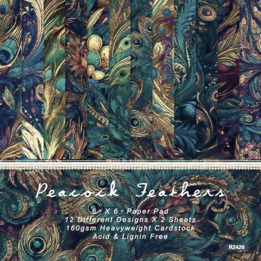 6x6 Inch Peacock Feather Themed Scrapbook Paper Pad – 24 Sheets, 12 Unique Designs, Single-Sided Premium Craft Paper for Scrapbooking, Cardmaking, and DIY Crafts