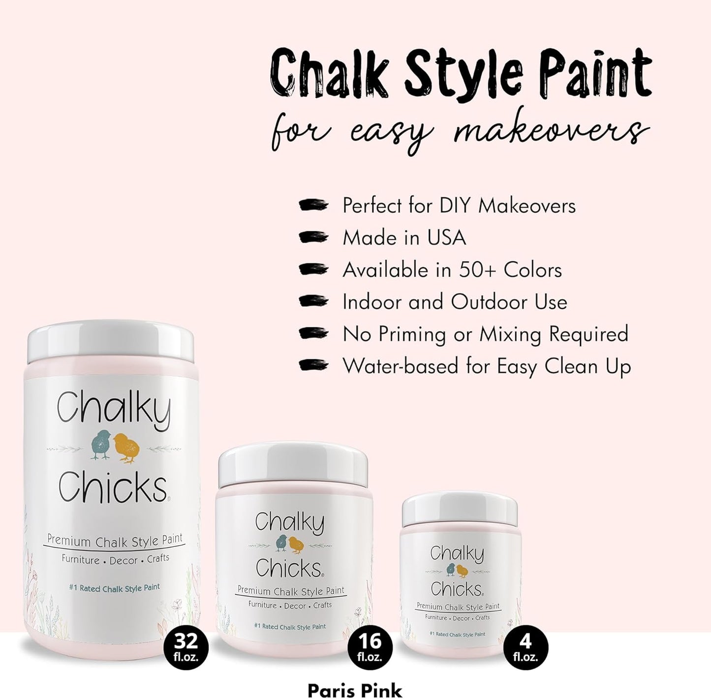 Chalky Chicks All-in-One Chalk Paint for Furniture or Cabinet - 32 Fl Oz - Matte Finish Paris Pink for Metal, Wood Furniture Paint - No Sanding All-in-One for Home Decor & Crafts, USA Made
