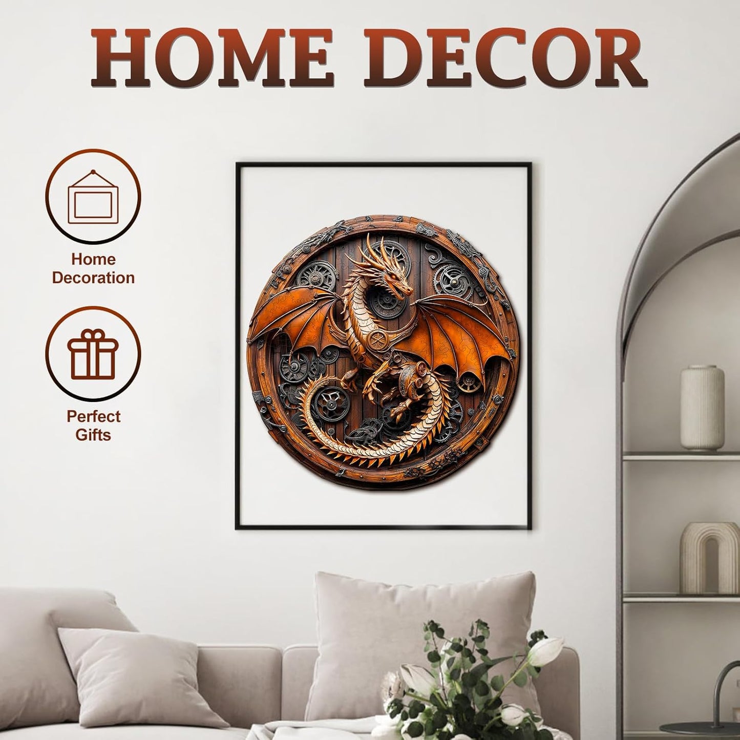 KAAYEE Wooden Puzzles for Adults, 3D Vision Mechanical Dragon Wooden Jigsaw Puzzles, Unique Shape Advanced Wood Puzzle Adult, Birthday Fathers Family Games (L-13.4 * 13.3in-300pcs)