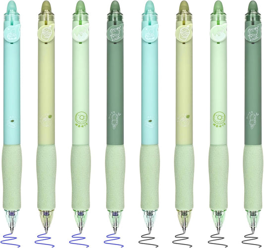 BAYTORY 8Pcs Cute Retractable Erasable Gel Pens, Blue and Black Ink Pen with Eraser Clear, Smooth Writing Comfortable to Use for Note Taking Marking Planner Crossword Puzzles (Green)