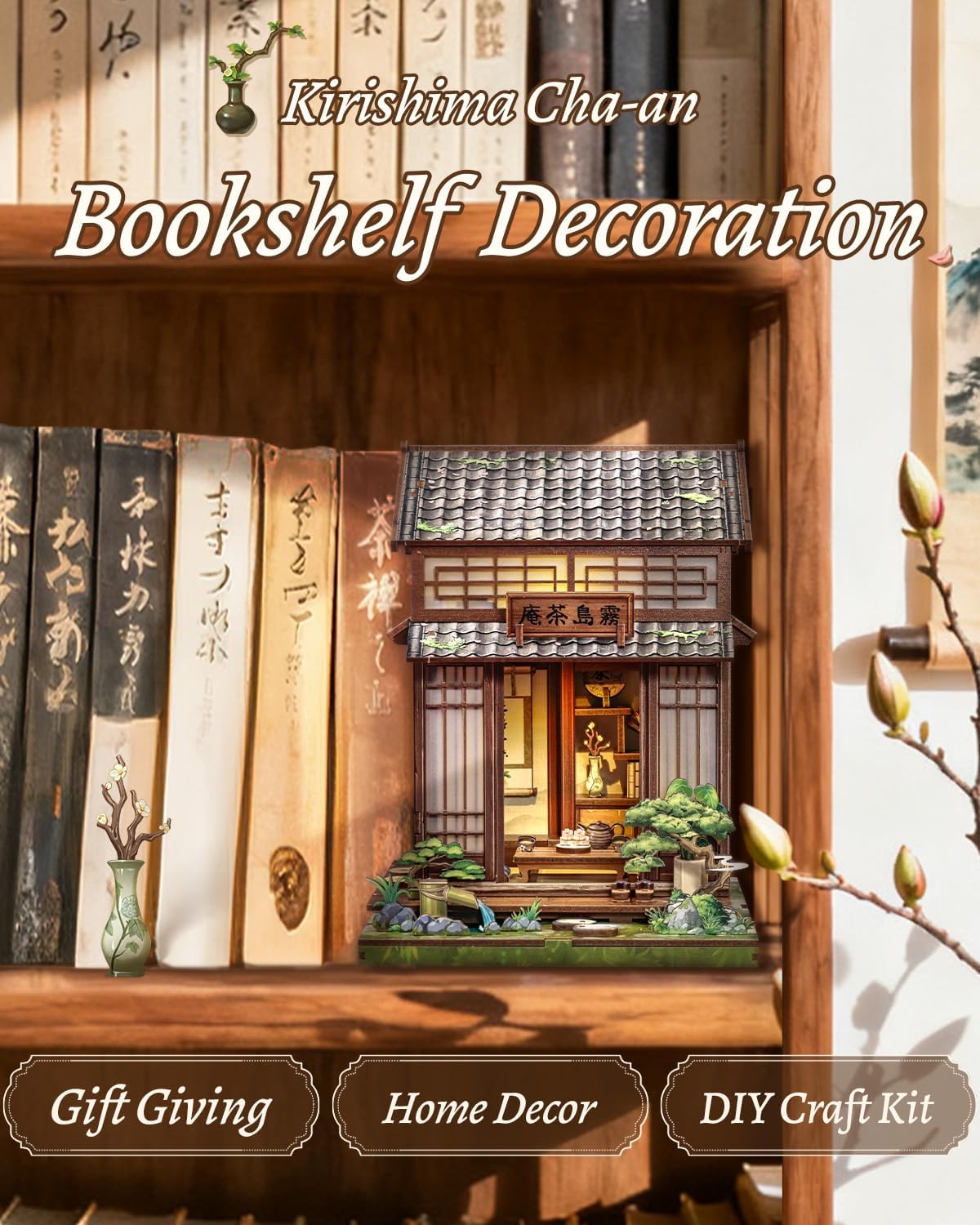 CUTEBEE Book Nook Kit - DIY Miniature House Japanese Tea House, Dollhouse Kit for Adults and Teens, Tiny House Bookshelf Decor 3D Wooden Puzzle, Gifts for Family, Friends（Kirishima Cha-an）