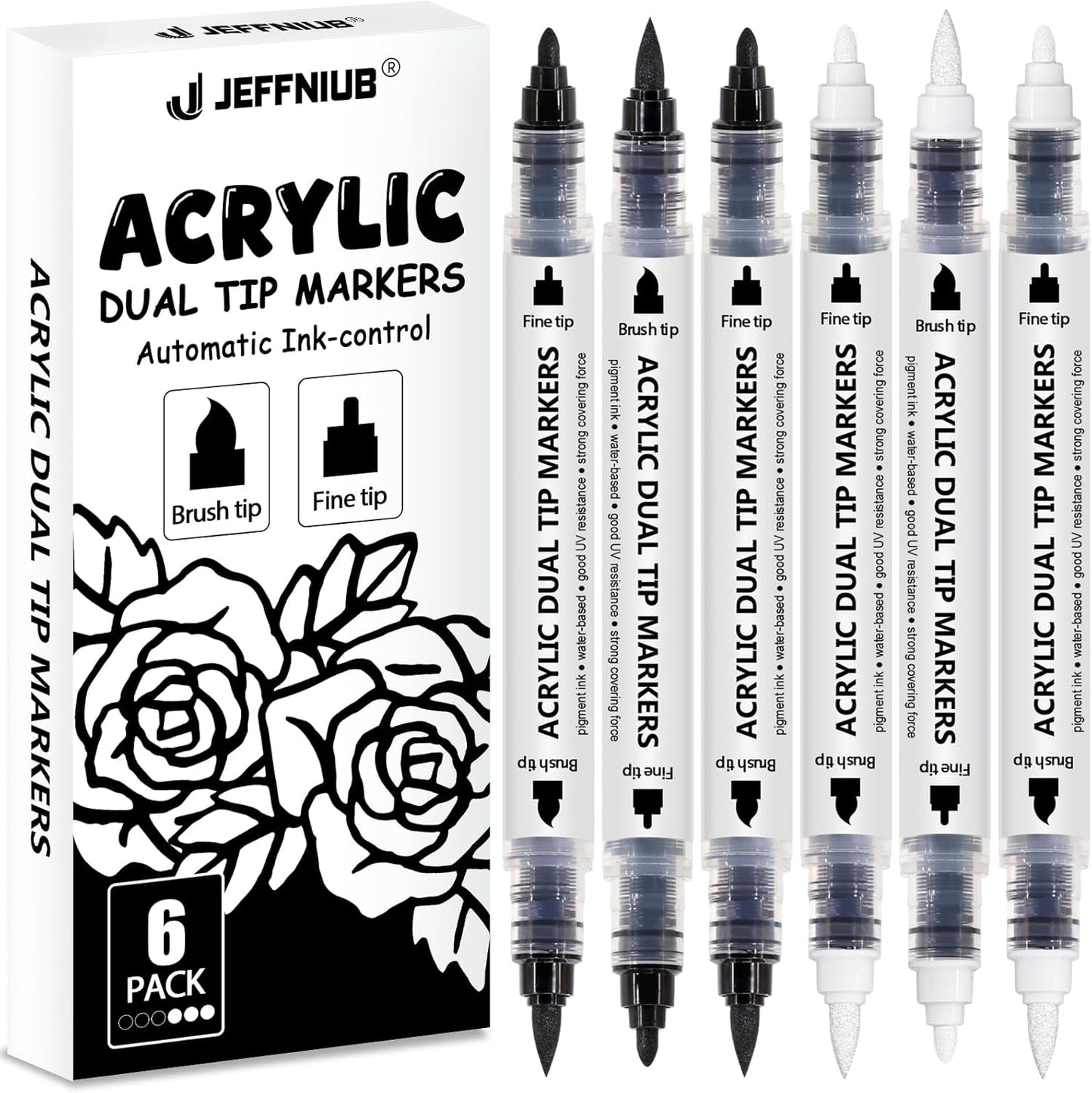 Black White Acrylic Paint Pen Brush, 6PCS Dual Tip Automatic Ink-control Acrylic Markers for Rocks, Metal, Glass, Wood, Fabric, Porcelain, Ceramic