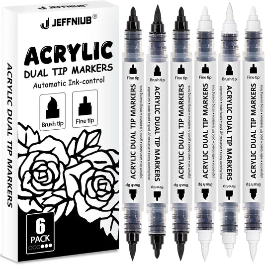 Black White Acrylic Paint Pen Brush, 6PCS Dual Tip Automatic Ink-control Acrylic Markers for Rocks, Metal, Glass, Wood, Fabric, Porcelain, Ceramic