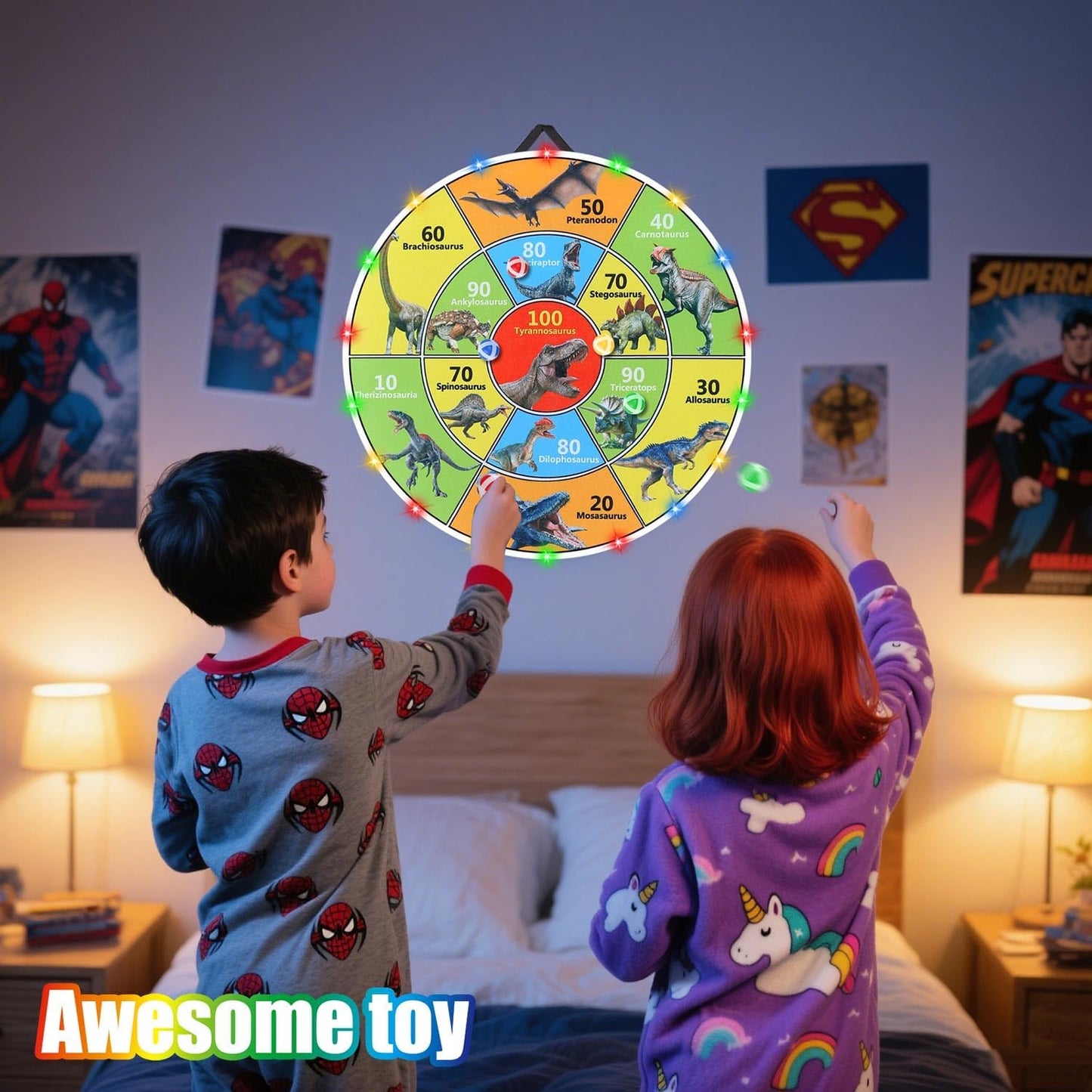 30 Inch LED Dart Board Kids Game,12PCS Sticky Balls,Indoor/Outdoor Sports Carnival Games Yard Party, Suitable for 3 4 5 6 7 8 9 10 Years Old Boys and Girls Birthday Gifts Dinosaur Toys