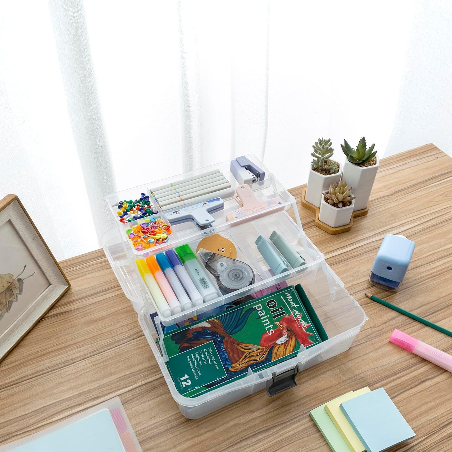 MyGift 13 Inch Transparent Plastic Empty Multipurpose Storage Box with Gray Handle, Latching Lid and 2 Expandable Trays for Tools, First Aid, Sewing Kit, Arts Crafts Supplies