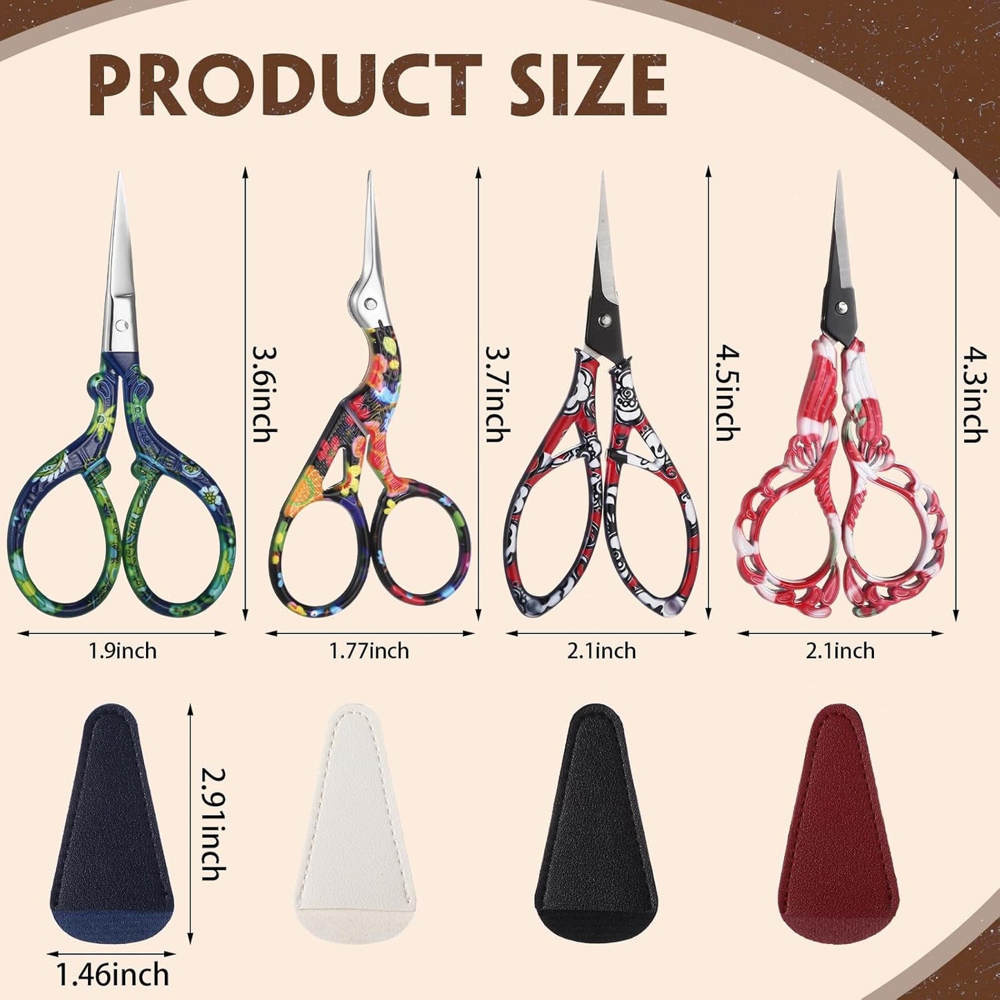 Zhehao 4 Pcs Sewing Embroidery Scissors with Artificial Leather Cover Sewing Stainless Vintage Embroidery Scissors for DIY Needlework Art Manual Handicraft (Delicate)