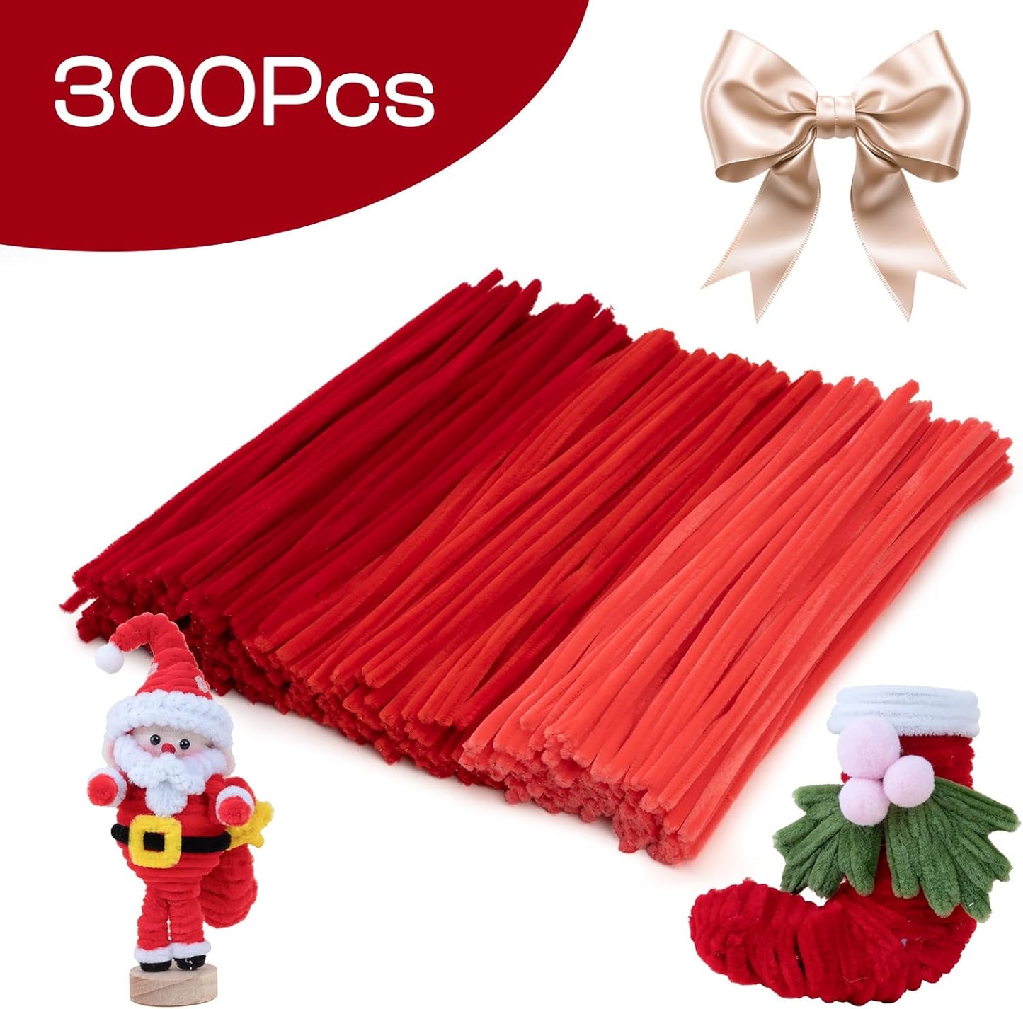 Caydo 300 Pieces Red Color Pipe Cleaners Craft Chenille Stems for DIY Art Creative Crafts Party Christmas Decorations (12 Inch x 6 mm)