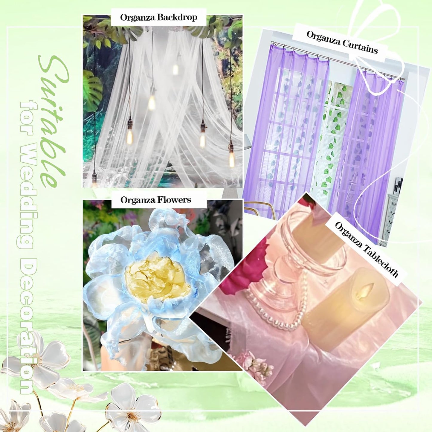 VACVELT Sheer Organza Fabric by The Yard, 60 Inch Wide White Organza Fabric Bolt Bridal Sheer Tulle Fabric, Silk Organza Fabric Roll for Wedding Party Decorations Backdrop Curtain (10 Yards)