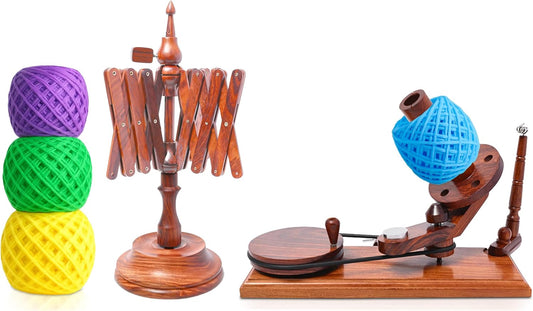 Bhartiya Handicrafts Wooden Yarn Ball Winder & Table Top Swift Set, Hand Operated Rosewood Combo Winder, Large Capacity 8 to 10 oz Yarn Fiber Winder, Wool String Swift Winder (Rosewood Winder & Swift)