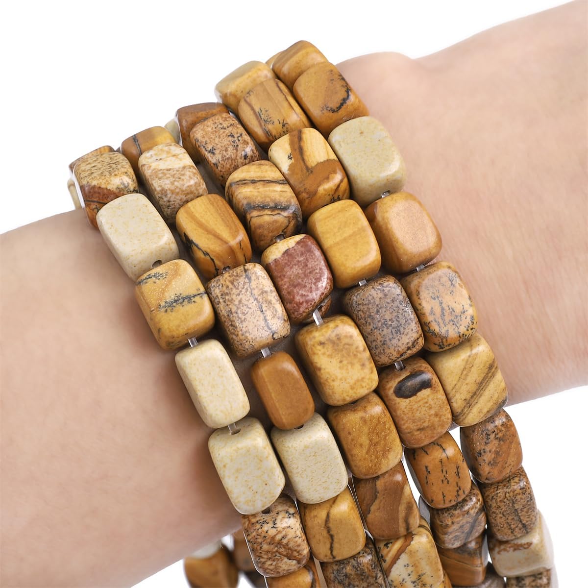 Natural Brown Picture Cuboid Stone Loose Semi Gemstone Beads for Jewelry Making 8mmx12mm 38cm/Strand