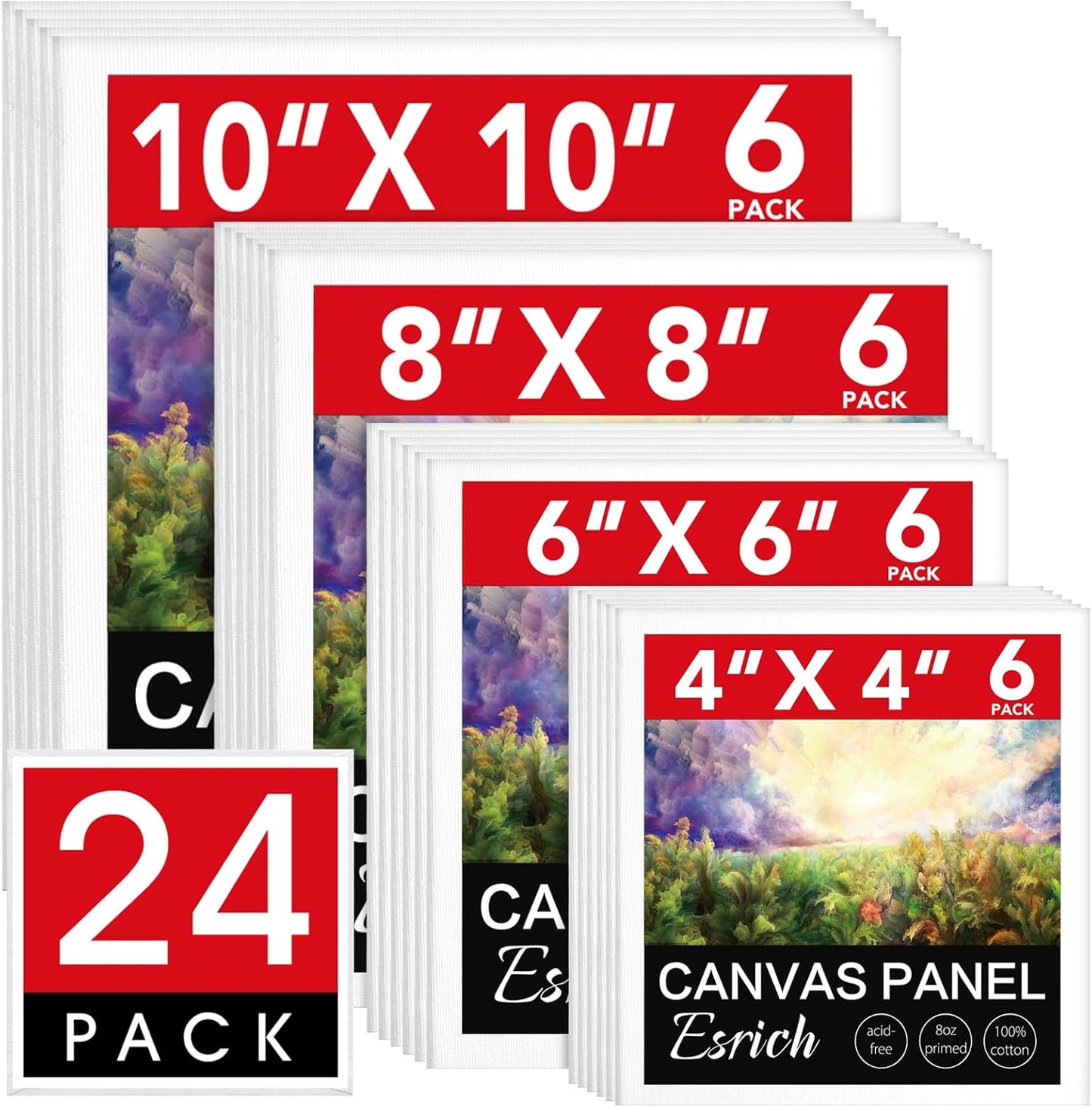 ESRICH 24Pack Canvas for Painting, 6pcs Each of 4x4, 6x6, 8x8, 10x10 Canvas Boards for Painting, Art Supplies of Blank Canvas for Adults&Kids, Pre-Primed Painting Canvas for Acrylic, Oil & Watercolor