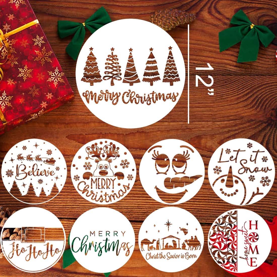 Christmas Stencils for Painting on Wood 12” Christmas Stencil for Crafts Reusable Xmas Holiday Stencil Round Believe Snowman Templates for Porch Door Decor