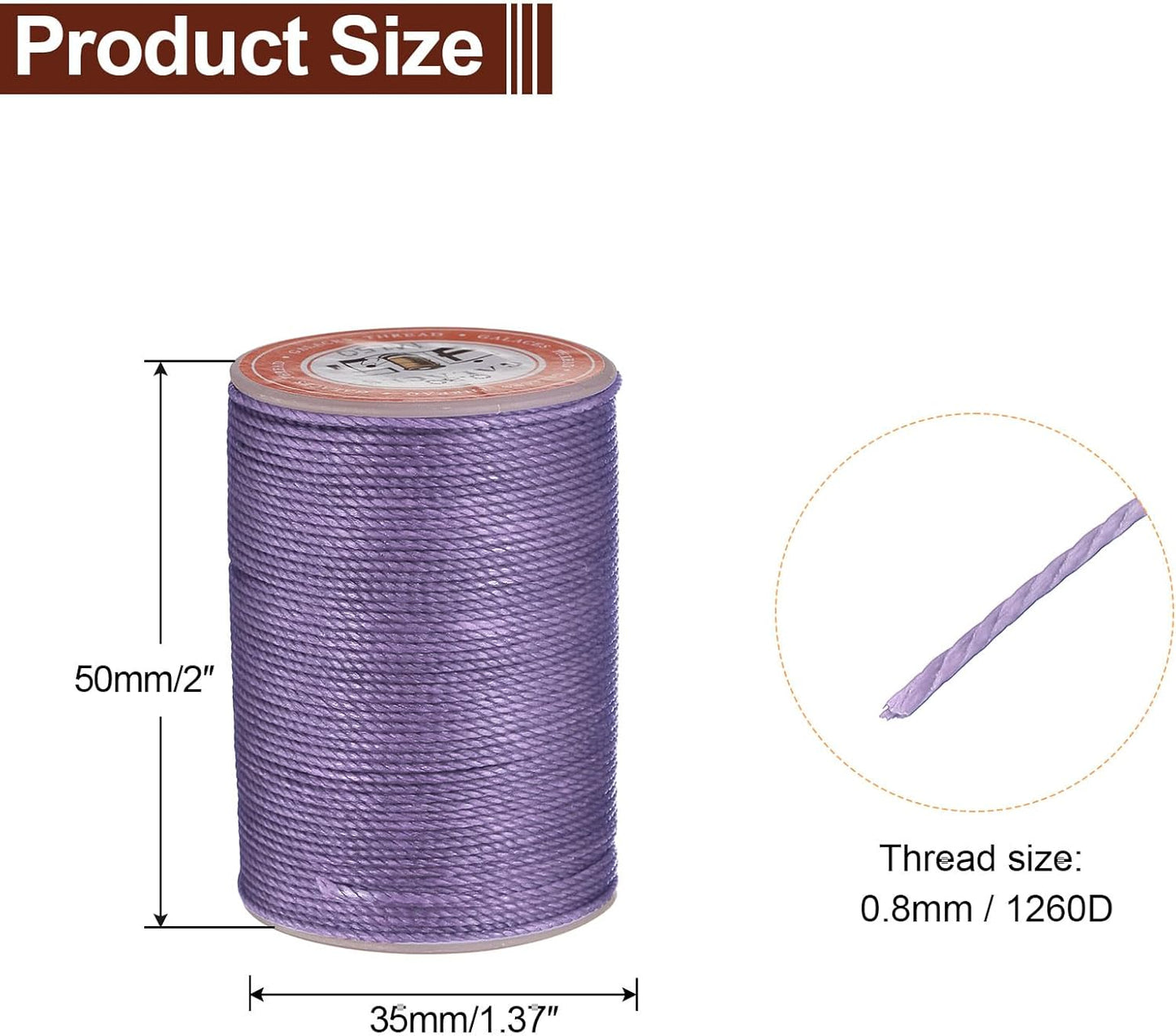 uxcell Round Leather Sewing Waxed Thread, 55m / 60 Yards Wax Polyester String, 0.8mm Waxed Stitching Cord for Leather Crafts, Bookbinding, Bracelets Braided, Light Purple