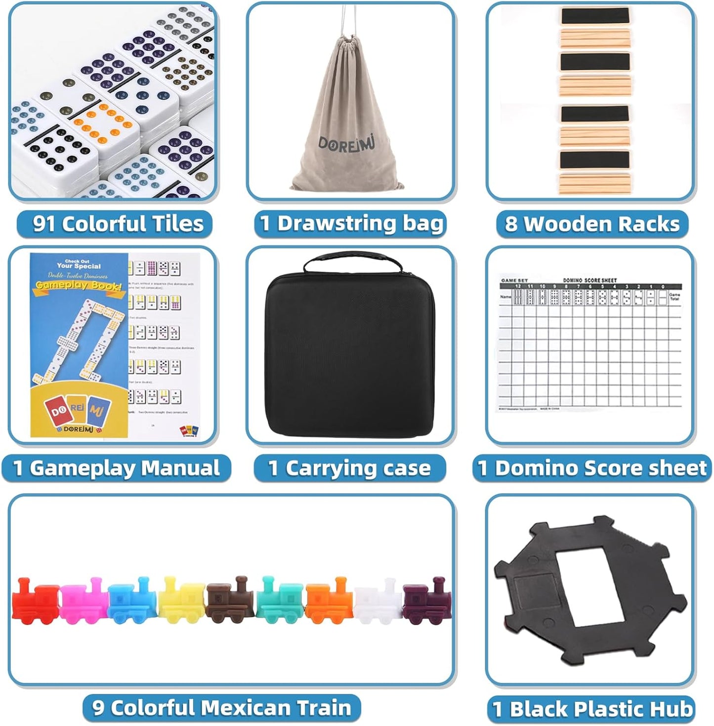 Mexican Train Dominoes Set with 8 Wooden Holders, Double 12 Colored Dot Dominoes with Update Hub, Travel Domino Train Game with 91 Tiles and Portable Carry Case, Family Board Team Games