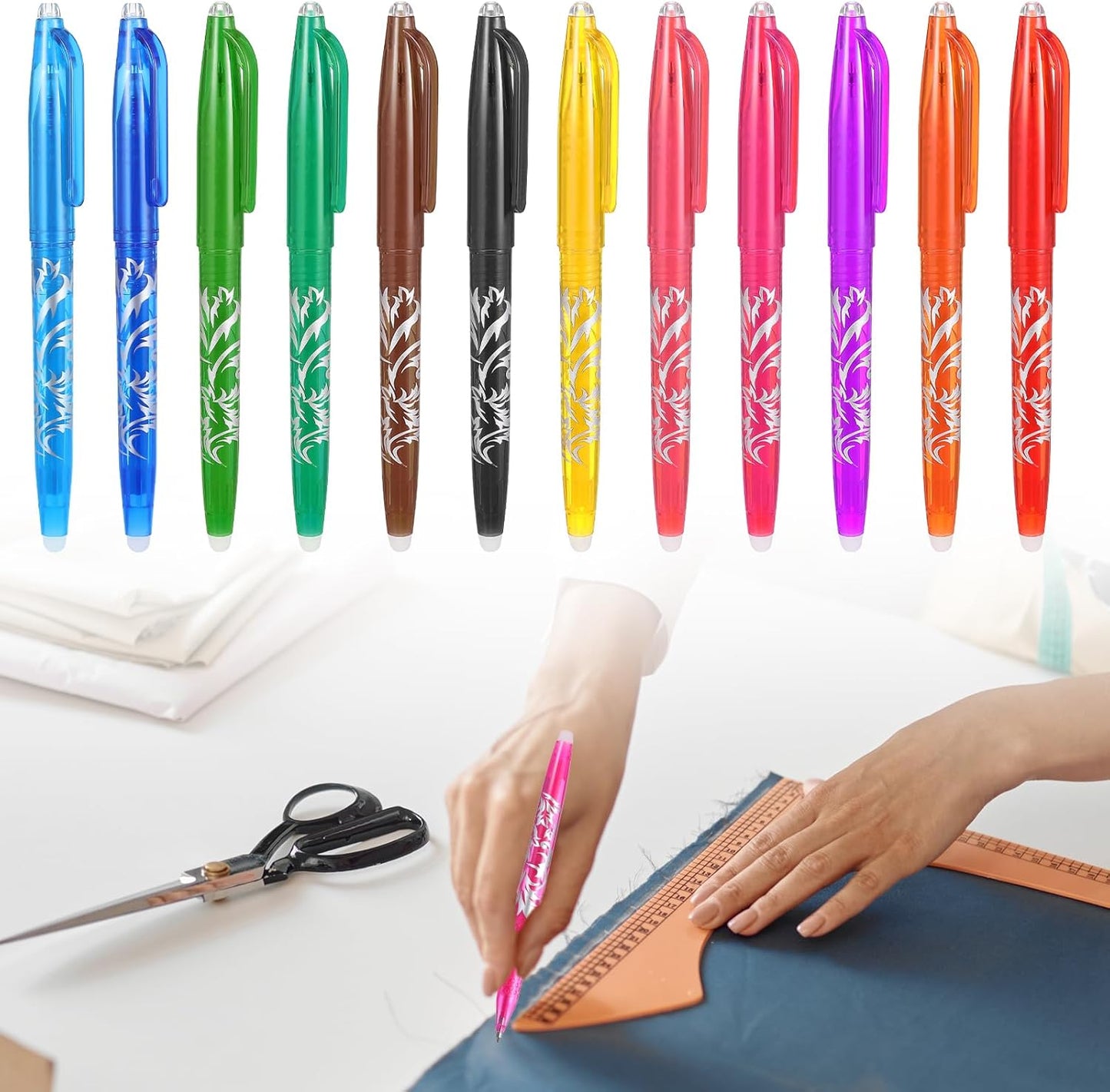 12pcs Heat Erasable Pens for Fabric, Fabric Marking Pens Fabrics Markers No Ghost Lines, Disappearing Ink for Precise Marking for Quilting Sewing Embroidery DIY Dressmaking Fabrics Tailors Chalk