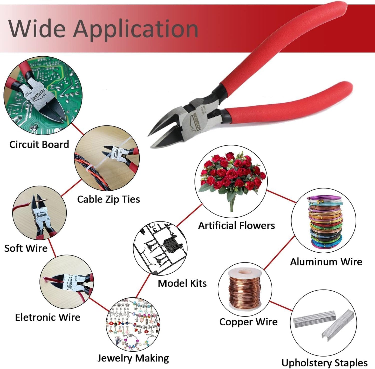 Wire Cutters 2 PACK, 6 inch Wire Cutter Set, HOUSERAN Side Cutters Flush Cut Pliers, Spring Loaded Cutting Pliers with Non-slip Red Handle, Wire Cutters Heavy Duty for Jewelry Making, Crafts, Zip Tie