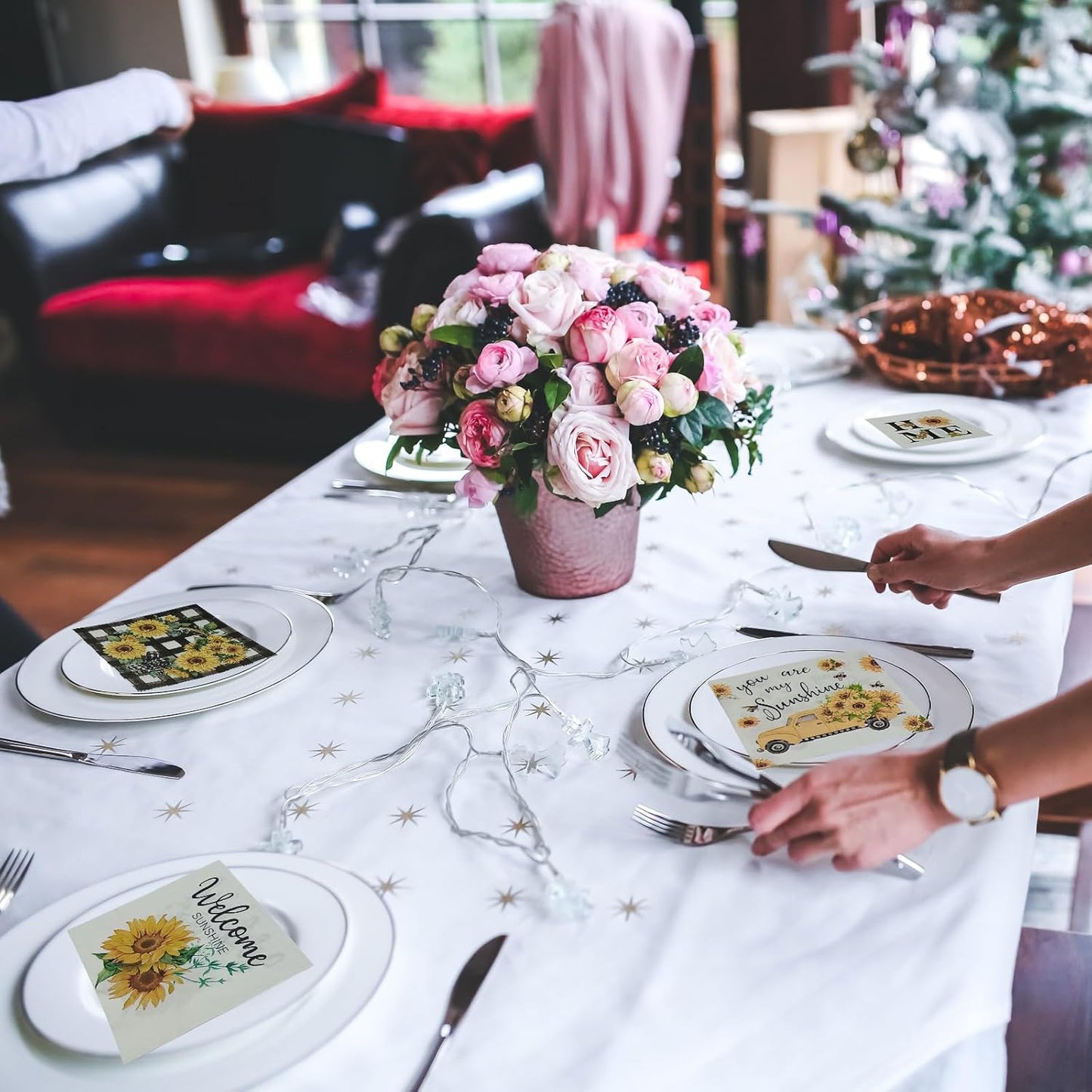 Cocktail Napkins 80 Pack 2 Ply Floral Beverage Luncheon Dinner Paper Napkins Flower Print Disposable Napkins for Wedding Thanksgiving Anniversary Celebrations, 5X5 Inches Folded