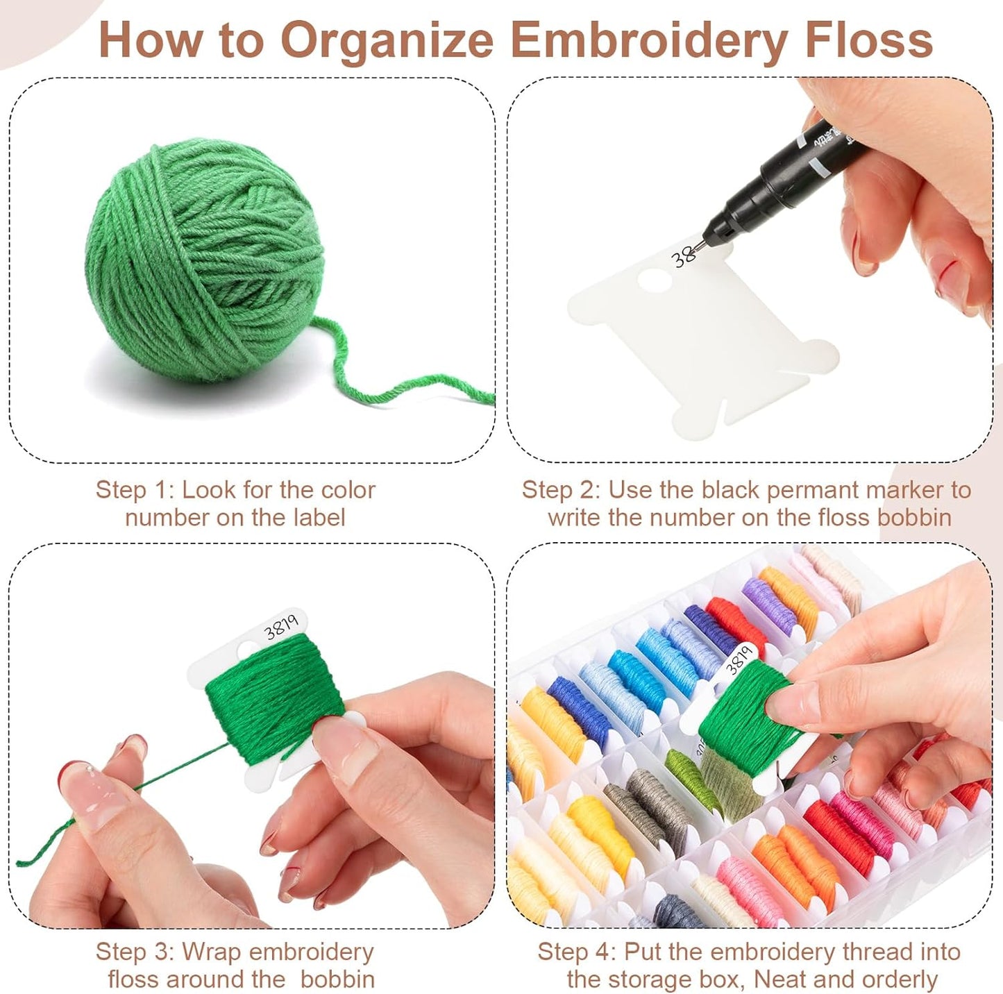 GlikCeil 507 Pcs Embroidery Floss Organizer Kit - 2 Removable 24-grid Thread Storage Boxes with Plastic Bobbins, 2 Bobbin Winders, Twin-tip Markers for Cross Stitch, DIY Sewing, Craft Storage